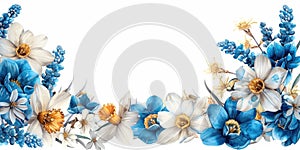 A border of blue and white flowers on a white background, Spring flowers