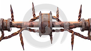 Border, borderline, jailhouse, old rusty and new barbwire fence on white background. Boundary, territory defense steel