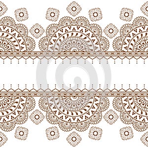 Border brown henna seamless element with flowers and laces in Indian mehndi style for card and tattoo