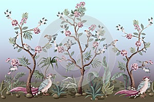 Border in chinoiserie style with birds and peonies. Vector.