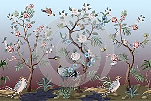 Border in chinoiserie style with herons, peacock and peonies. Vector.