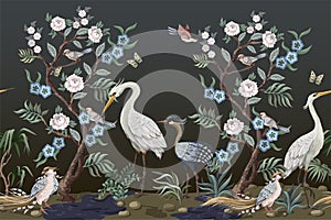 Border in chinoiserie style with herons and peonies. Vector.