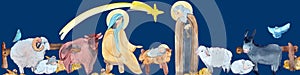 Border of Christian Nativity scene on blue background. photo