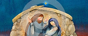 The border of the Christian nativity scene. Jesus Christ, Mary, Joseph in the cave of the stable. Holy night with the star of