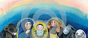 border of Christian Nativity scene: Virgin Mary, Jesus Christ, Joseph, sheep, animals. For Merry Christmas greeting cards,