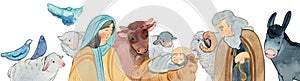 border of Christian Nativity scene on white background. Virgin Mary, Jesus Christ, Joseph, sheep, animals.