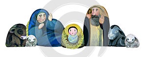 border of Christian Nativity scene on white background. Virgin Mary, Jesus Christ, Joseph, sheep, animals. For Merry Christmas