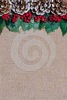 Border of Christmas pinecones, holly leaves and red berries on rustic burlap fabric background