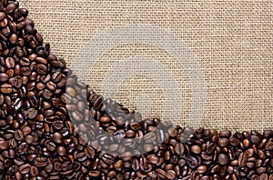 Border of coffee beans on the old burlap