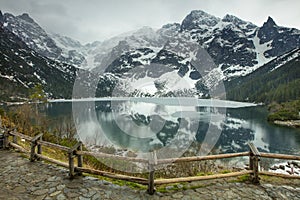 Border before cold lake in mountaine