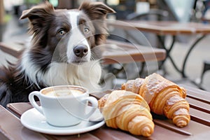 border collie with coffee and croissant on a caf terrace photo