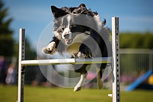 Border collie on dog agility slalom. Sports competitions of dogs on agility field. Collie dog jumping over obstacle. Generative AI