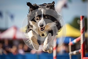 Border collie on dog agility slalom. Sports competitions of dogs on agility field. Collie dog jumping over obstacle. Generative AI