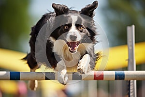 Border collie on dog agility slalom. Sports competitions of dogs on agility field. Collie dog jumping over obstacle. Generative AI