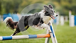 Border Collie dog - Canis lupus familiaris - a working sheep herding dog jumping over a hurdle while training for canine agility