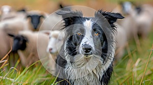 border collie dog herding a flock of sheeps