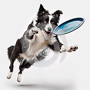 Border collie dog in jump catches frisbee, dog plays, close-up