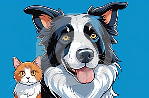 border collie dog portrait with a cat behind in front of a blue background