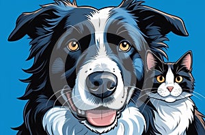 border collie dog portrait with a cat behind in front of a blue background