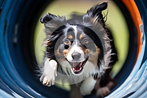 Border Collie dog running through agility tunnel