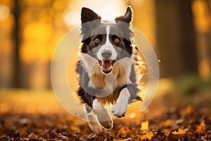 Border collie dog running in autumn forest. Fall season concept. Border collie dog running in the autumn meadow. Pet animals, AI