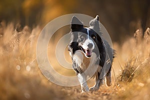 Border collie dog running in the autumn meadow. Pet animals. Ai generated