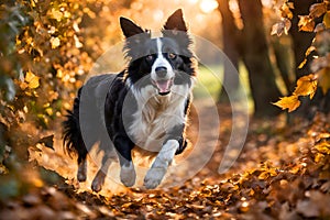 Border collie dog running on fallen leaves.