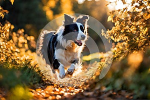 Border collie dog running on fallen leaves.