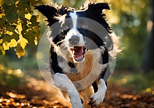 Border collie dog running on fallen leaves.