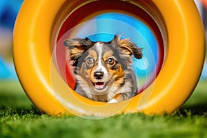 Border Collie dog running out of a tunnel in an agility competition