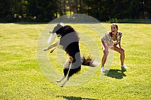 Border collie dog and a woman on an agility field