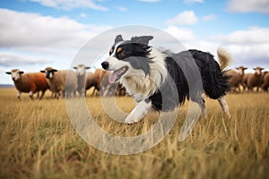 border collie herding sheep in an open field
