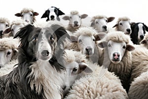 border collie herding sheep on white isolate background