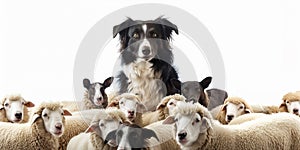 border collie herding sheep on white isolate background