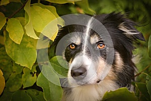 Border collie is hidding in autumn leaves