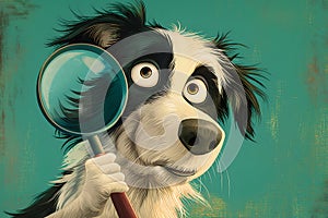 Border Collie holding magnifying glass in search something amazing and fun,excellent for use in designing advertising banners, photo