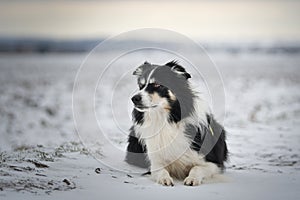 Border collie is laying in the snow