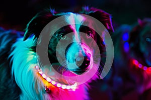 border collie with led wristbands, mixer lit up