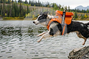 border collie in lifejacket jumping into a lake