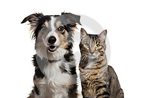 Border Collie mix and tabby cat posed together, contrasting coats, focused expressions