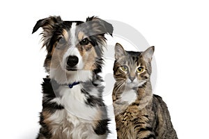 Border Collie mix and tabby cat posed together, contrasting coats, focused expressions