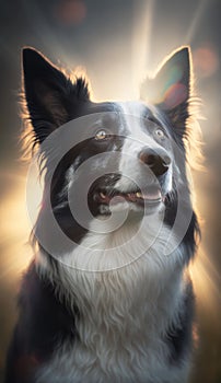 Border collie portrait in a field with sunbeams in the background, Generative AI