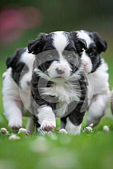 Border collie puppy herding sheep in green pasture, showcasing intelligence and work ethic