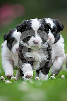 Border collie puppy herding sheep in green pasture, showcasing intelligence and work ethic photo