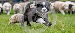 Border collie puppy herding sheep in lush green pasture showcases intelligence and playfulness