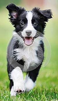 Border collie puppy herding sheep in lush green pasture, showcasing intelligence and energy