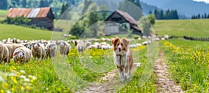 Border collie puppy herding sheep in lush green pasture, showcasing intelligence and work ethic