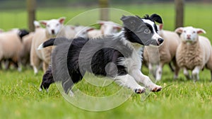 Border collie puppy herding sheep in lush green pasture, showcasing intelligent work ethic