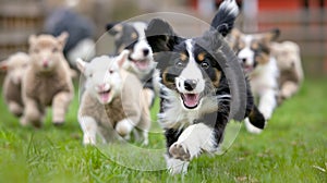 Border collie puppy herding sheep in lush pasture, displaying intelligence and playfulness