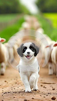 Border collie puppy herding sheep in vibrant green pasture, epitome of intelligence at work